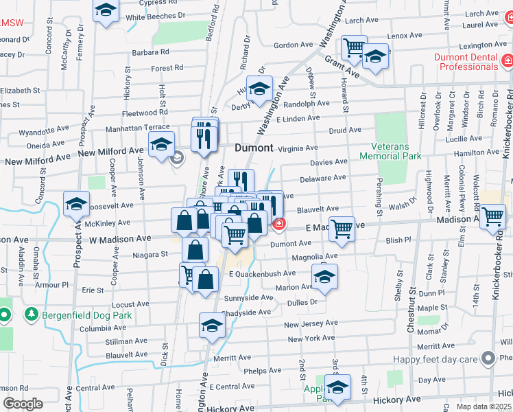 map of restaurants, bars, coffee shops, grocery stores, and more near 150 Brook Street in Dumont