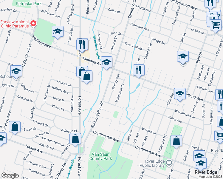 map of restaurants, bars, coffee shops, grocery stores, and more near 402 Hickory Avenue in Paramus