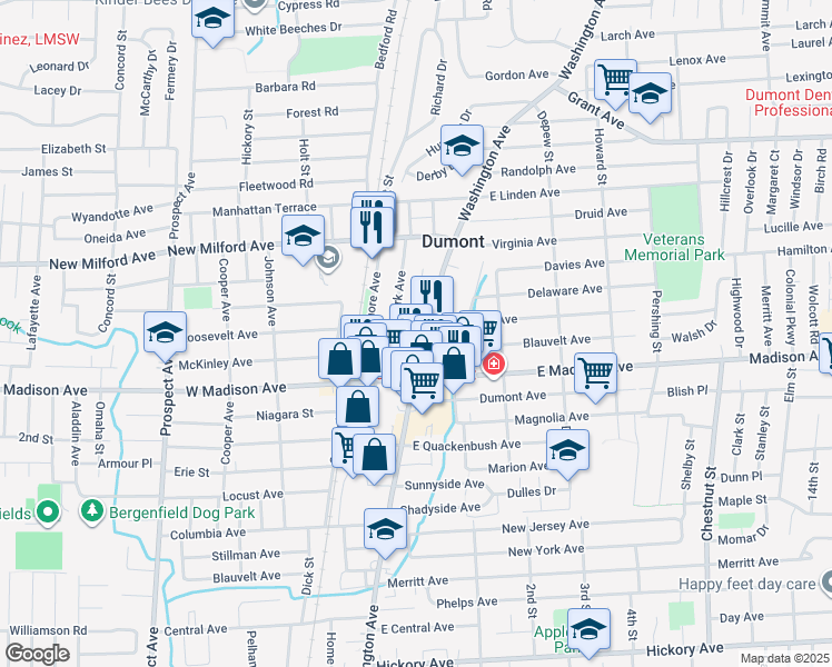 map of restaurants, bars, coffee shops, grocery stores, and more near 180 Washington Avenue in Dumont