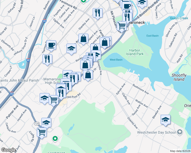 map of restaurants, bars, coffee shops, grocery stores, and more near 624 Hall Street in Mamaroneck