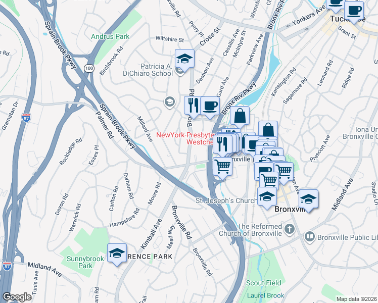map of restaurants, bars, coffee shops, grocery stores, and more near 264 Bronxville Road in Yonkers
