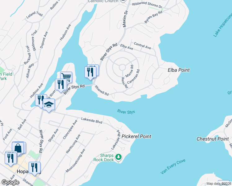 map of restaurants, bars, coffee shops, grocery stores, and more near 53 Ithanell Road in Hopatcong