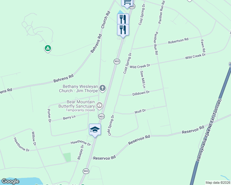 map of restaurants, bars, coffee shops, grocery stores, and more near 282 Cold Spring Dr in Jim Thorpe