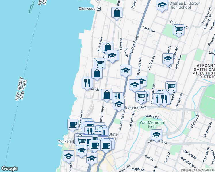 map of restaurants, bars, coffee shops, grocery stores, and more near 188 Warburton Avenue in Yonkers