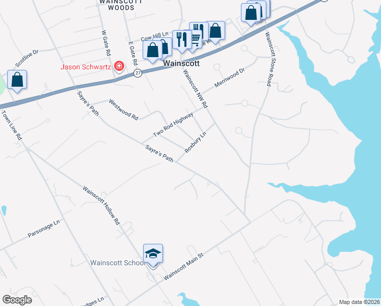 map of restaurants, bars, coffee shops, grocery stores, and more near 12 Roxbury Lane in East Hampton