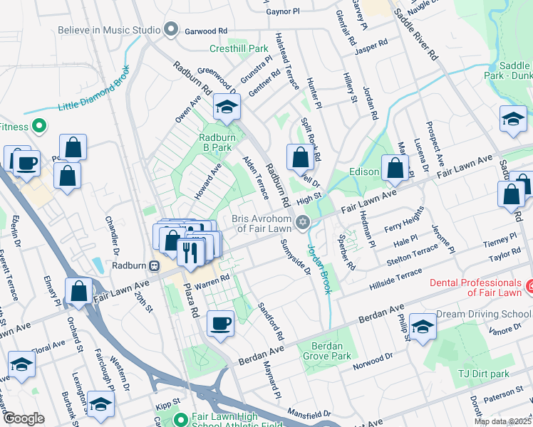 map of restaurants, bars, coffee shops, grocery stores, and more near 15-14 Alden Terrace in Fair Lawn