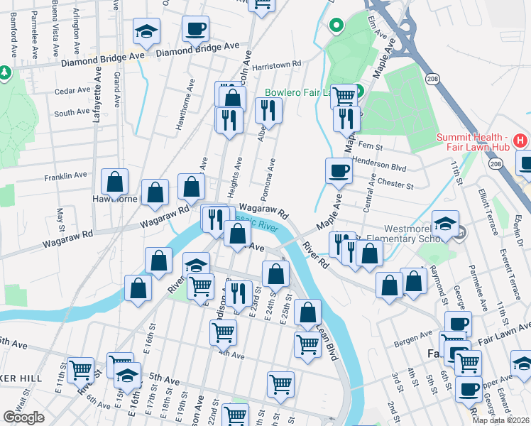 map of restaurants, bars, coffee shops, grocery stores, and more near 83 Pomona Avenue in Fair Lawn