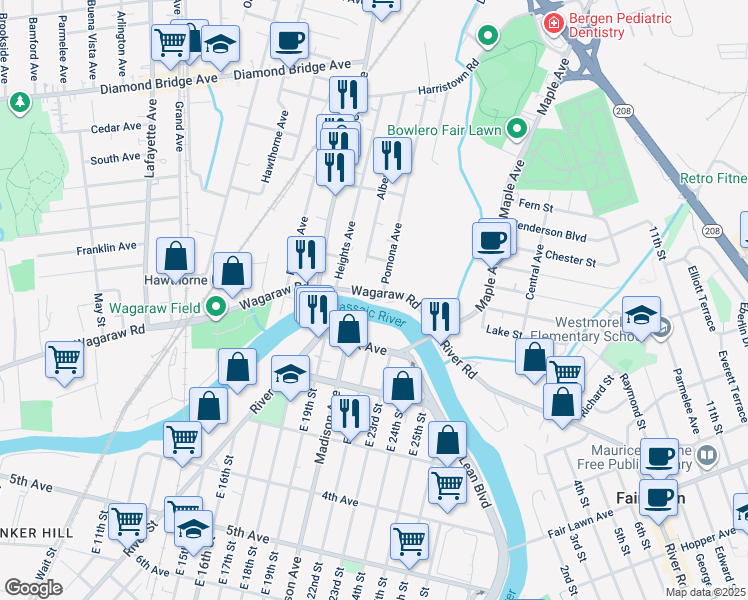 map of restaurants, bars, coffee shops, grocery stores, and more near 445 Wagaraw Road in Fair Lawn
