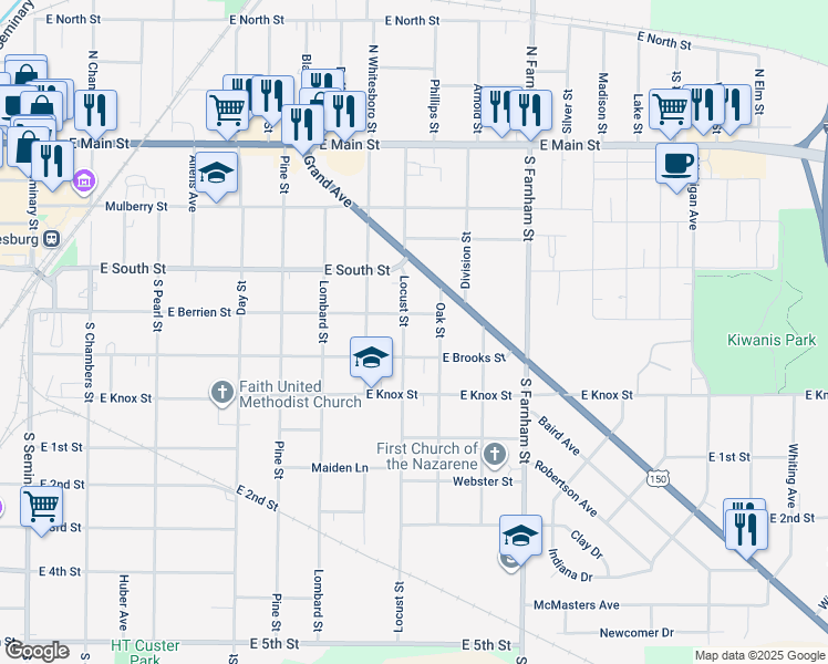 map of restaurants, bars, coffee shops, grocery stores, and more near 1301-1399 East Berrien Street in Galesburg