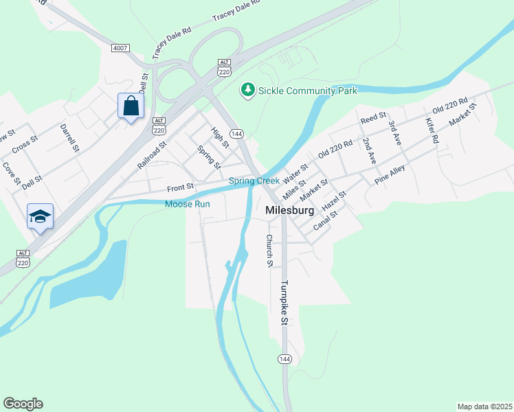 map of restaurants, bars, coffee shops, grocery stores, and more near in Milesburg