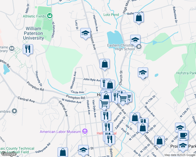 map of restaurants, bars, coffee shops, grocery stores, and more near 12 John Ryle Avenue in Haledon