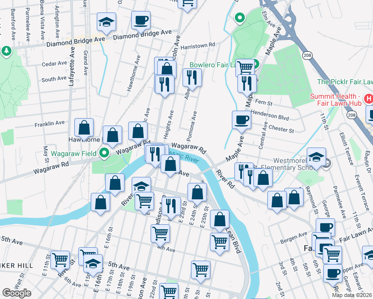 map of restaurants, bars, coffee shops, grocery stores, and more near 83 Pomona Avenue in Fair Lawn