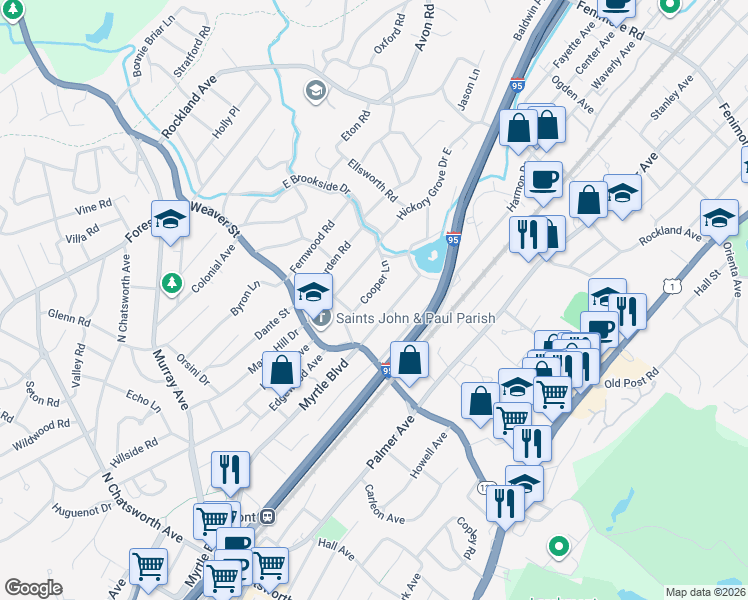 map of restaurants, bars, coffee shops, grocery stores, and more near 63 Cooper Lane in Larchmont