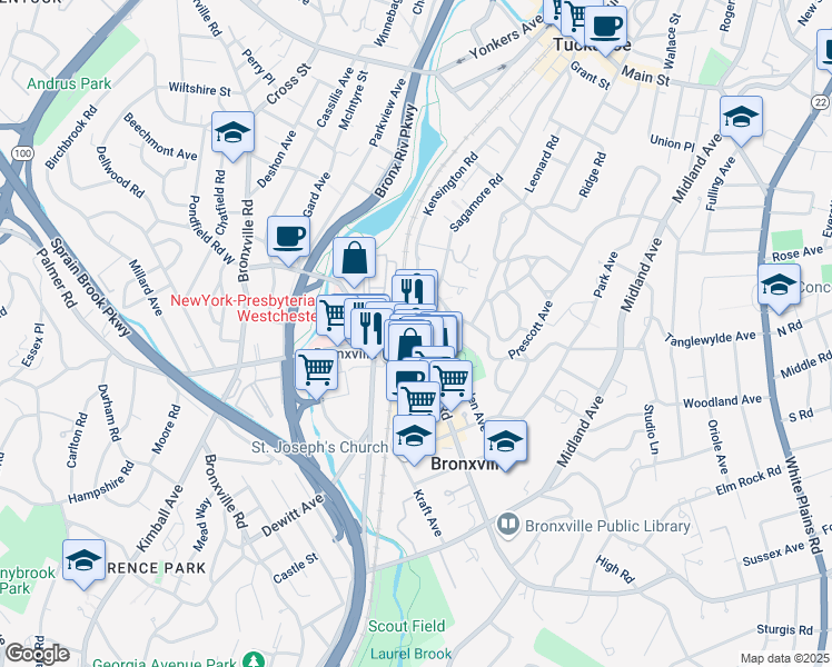 map of restaurants, bars, coffee shops, grocery stores, and more near 15 Kensington Terrace in Bronxville