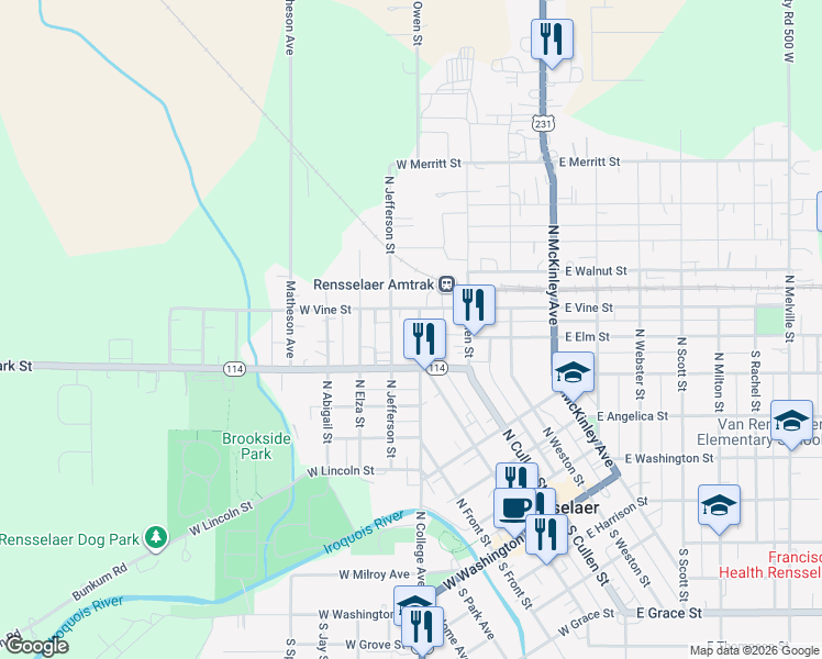 map of restaurants, bars, coffee shops, grocery stores, and more near 137-199 West Vine Street in Rensselaer