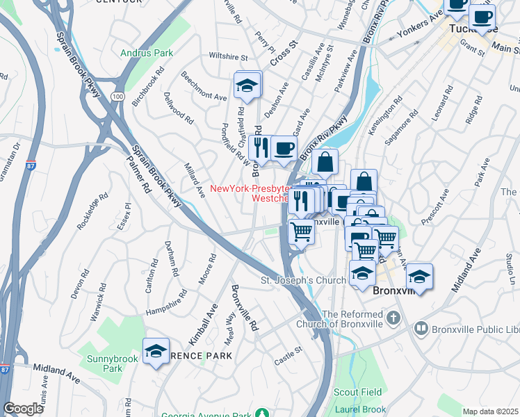 map of restaurants, bars, coffee shops, grocery stores, and more near 250 Bronxville Road in Bronxville