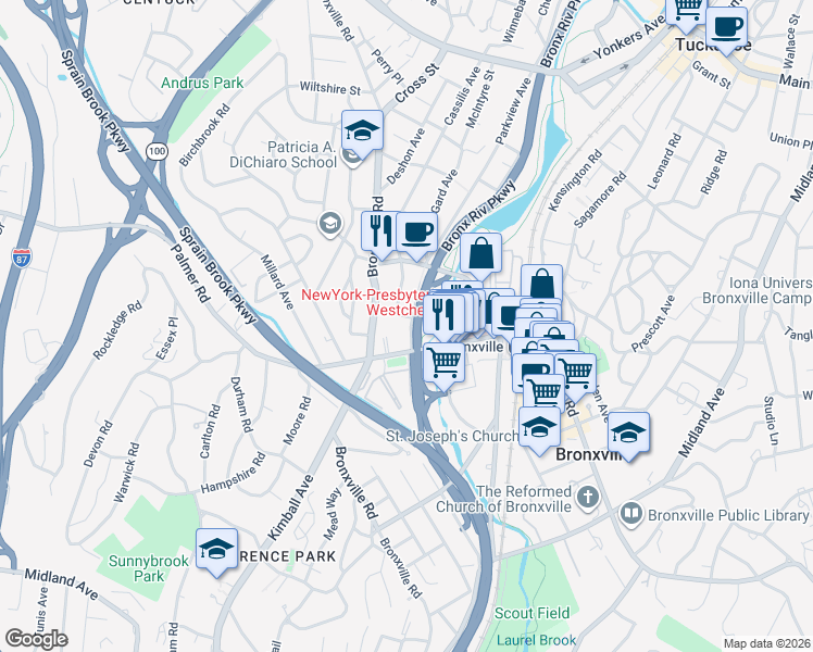 map of restaurants, bars, coffee shops, grocery stores, and more near 1 Garrett Place in Bronxville