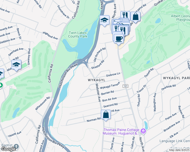 map of restaurants, bars, coffee shops, grocery stores, and more near 1174 Webster Avenue in New Rochelle