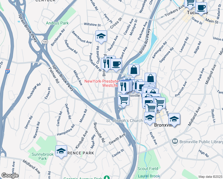 map of restaurants, bars, coffee shops, grocery stores, and more near 681 Bronx River Parkway in Yonkers