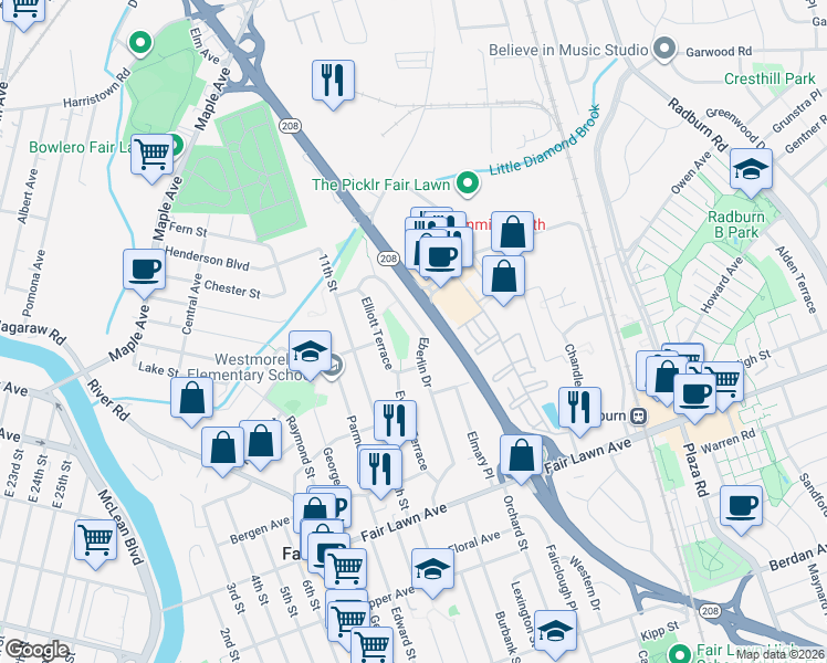 map of restaurants, bars, coffee shops, grocery stores, and more near 16-44 Eberlin Drive in Fair Lawn