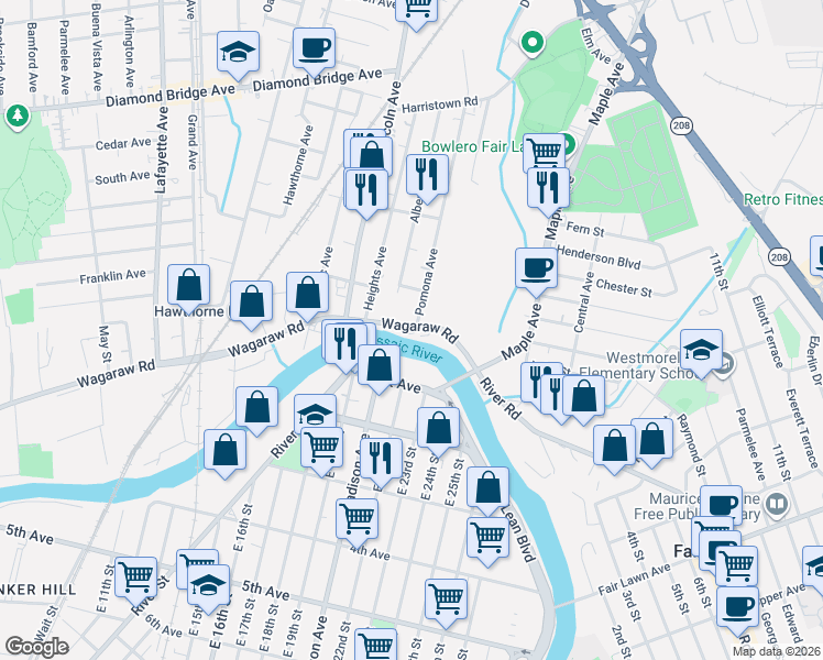map of restaurants, bars, coffee shops, grocery stores, and more near 83 Pomona Avenue in Fair Lawn