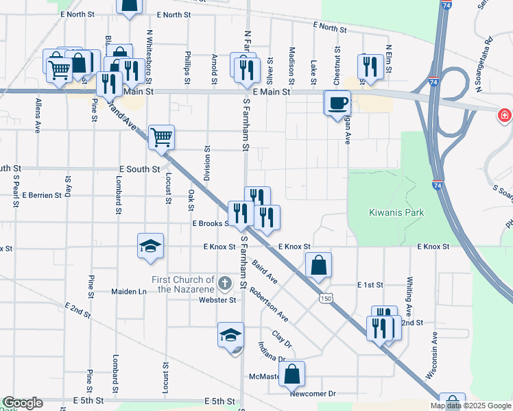 map of restaurants, bars, coffee shops, grocery stores, and more near 301-461 South Farnham Street in Galesburg