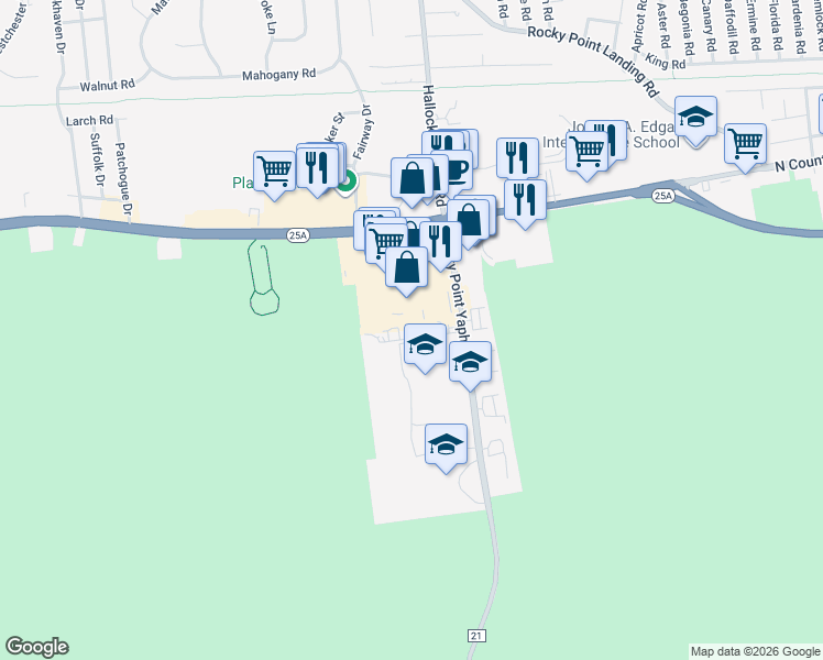 map of restaurants, bars, coffee shops, grocery stores, and more near 50 Rocky Point Yaphank Road in Rocky Point