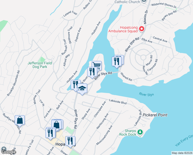 map of restaurants, bars, coffee shops, grocery stores, and more near 462 River Styx Road in Hopatcong