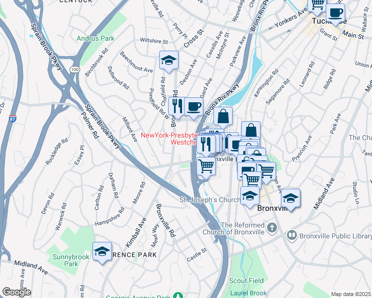 map of restaurants, bars, coffee shops, grocery stores, and more near 15 Parkview Avenue in Yonkers