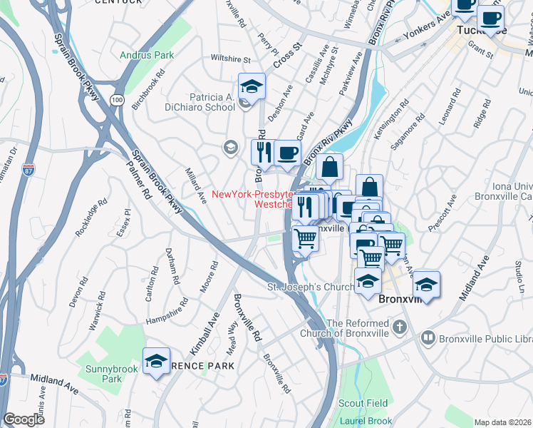 map of restaurants, bars, coffee shops, grocery stores, and more near 250 Bronxville Road in Yonkers