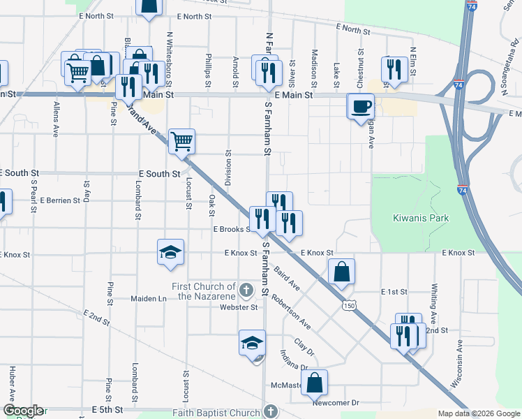 map of restaurants, bars, coffee shops, grocery stores, and more near 1497 Grand Avenue in Galesburg