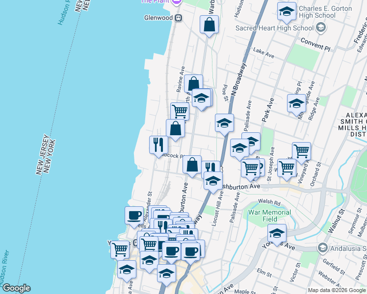 map of restaurants, bars, coffee shops, grocery stores, and more near 142 Woodworth Avenue in Yonkers