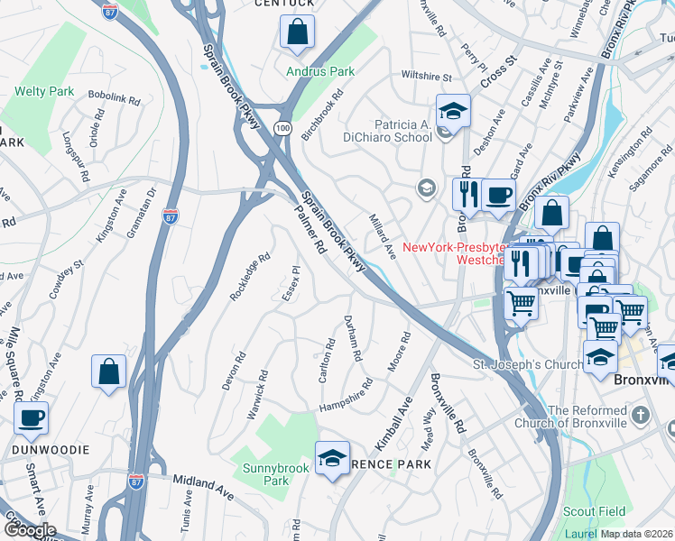 map of restaurants, bars, coffee shops, grocery stores, and more near 781 Palmer Road in Yonkers