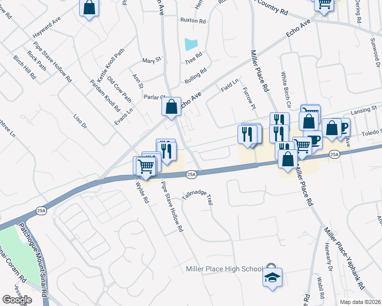 map of restaurants, bars, coffee shops, grocery stores, and more near 121 Sylvan Avenue in Miller Place