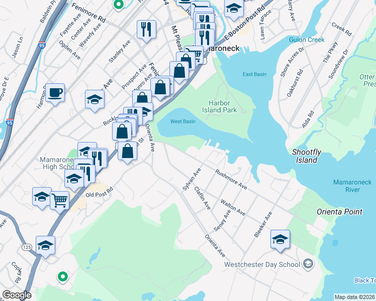 map of restaurants, bars, coffee shops, grocery stores, and more near 408 Rushmore Avenue in Mamaroneck