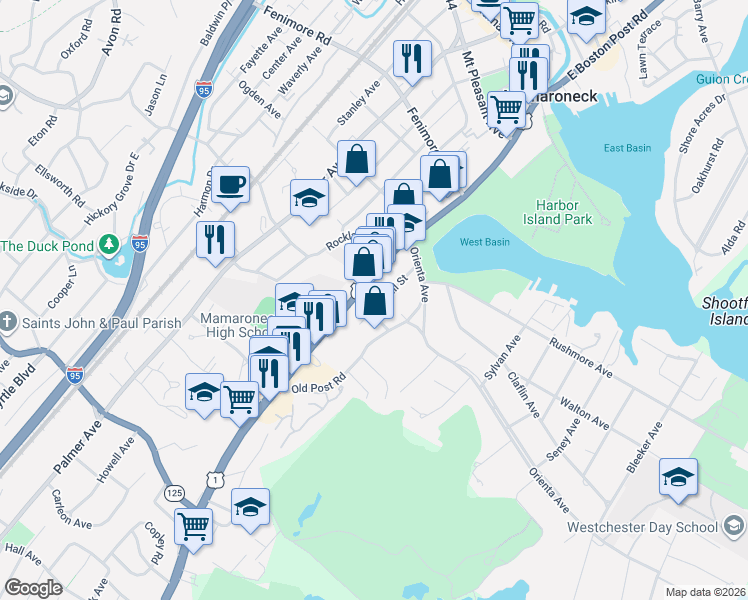 map of restaurants, bars, coffee shops, grocery stores, and more near 713 Hall Street in Mamaroneck