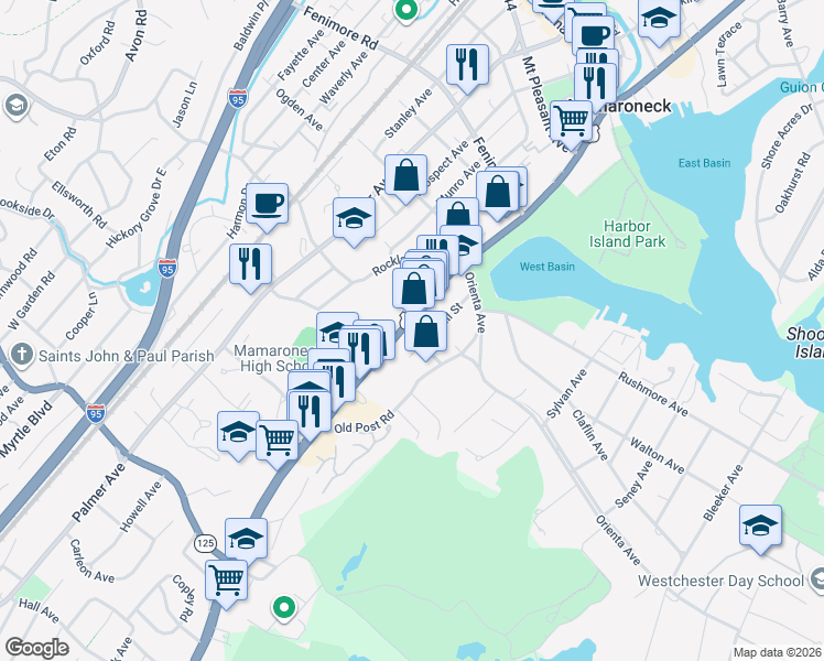 map of restaurants, bars, coffee shops, grocery stores, and more near 803 Hall Street in Mamaroneck