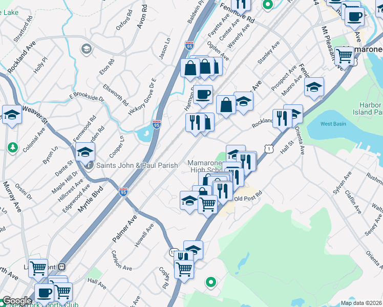 map of restaurants, bars, coffee shops, grocery stores, and more near 987 Palmer Avenue in Mamaroneck