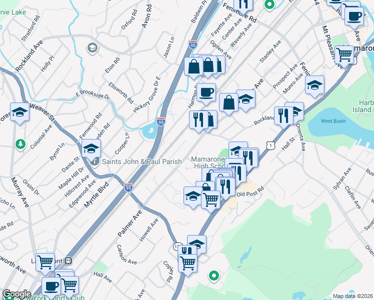 map of restaurants, bars, coffee shops, grocery stores, and more near 987 Palmer Avenue in Mamaroneck