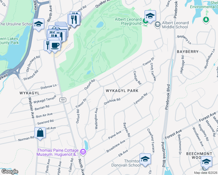 map of restaurants, bars, coffee shops, grocery stores, and more near 150 Trenor Drive in New Rochelle