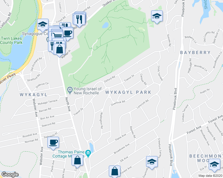 map of restaurants, bars, coffee shops, grocery stores, and more near 150 Trenor Drive in New Rochelle