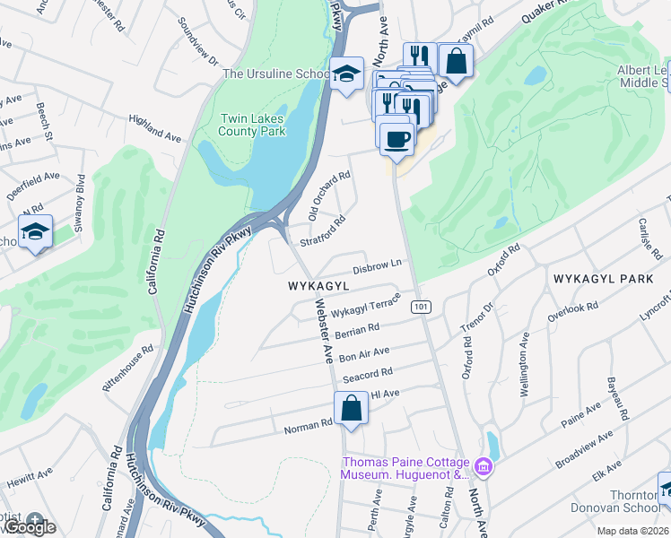 map of restaurants, bars, coffee shops, grocery stores, and more near 55 Disbrow Circle in New Rochelle
