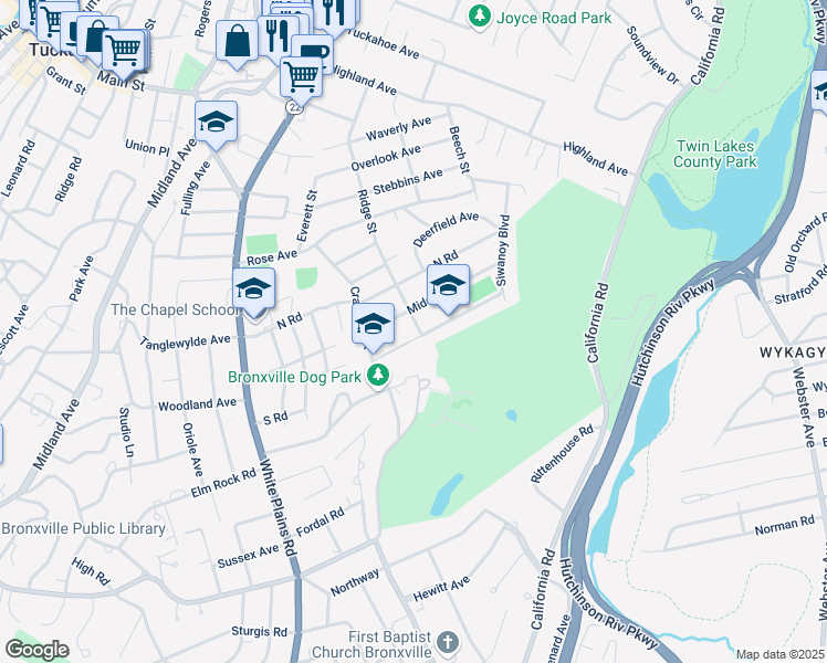 map of restaurants, bars, coffee shops, grocery stores, and more near 107 Ridge Street in Eastchester