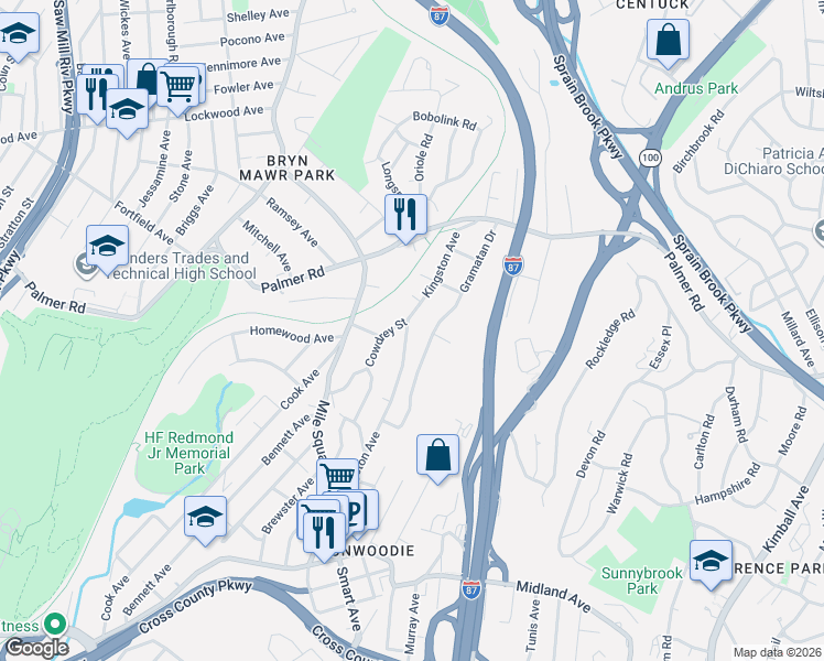 map of restaurants, bars, coffee shops, grocery stores, and more near 78 Kingston Avenue in Yonkers