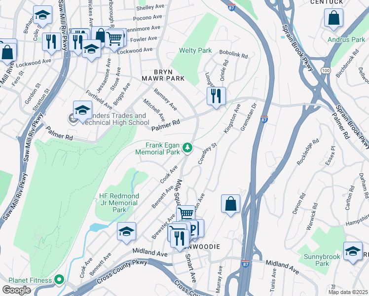 map of restaurants, bars, coffee shops, grocery stores, and more near 311 Mile Square Road in Yonkers