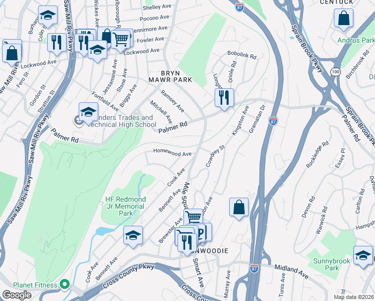 map of restaurants, bars, coffee shops, grocery stores, and more near 311 Mile Square Road in Yonkers