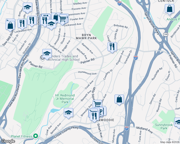 map of restaurants, bars, coffee shops, grocery stores, and more near 49 Greenwood Road in Yonkers