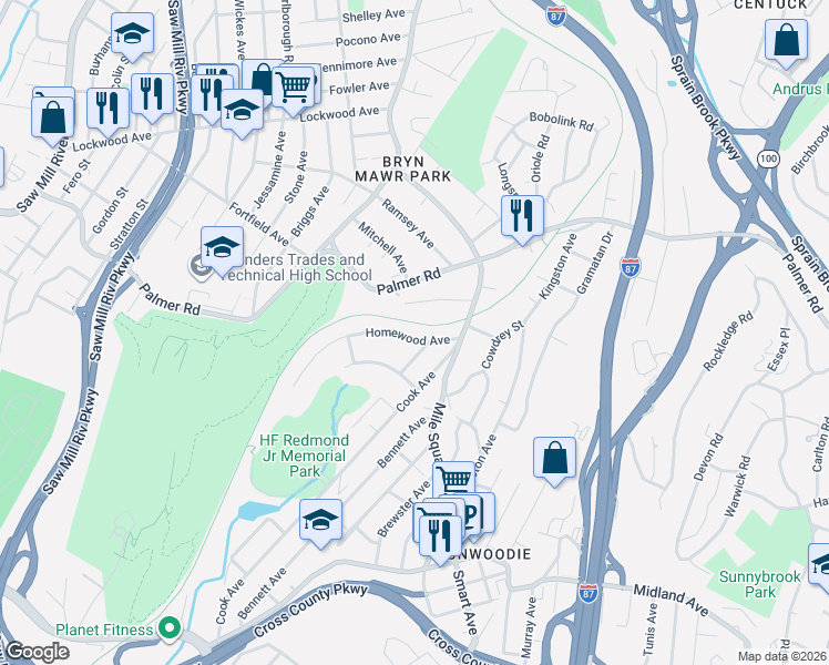 map of restaurants, bars, coffee shops, grocery stores, and more near 49 Greenwood Road in Yonkers