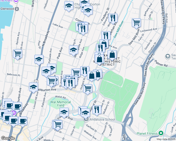 map of restaurants, bars, coffee shops, grocery stores, and more near 92 Orchard Street in Yonkers