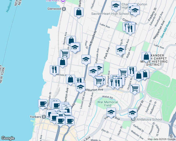 map of restaurants, bars, coffee shops, grocery stores, and more near in Yonkers